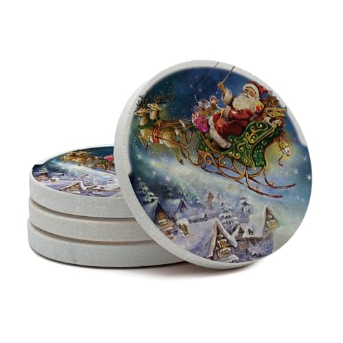 Thirstystone Santa’s Sleigh Natural Sandstone Coaster 4 Pack Eco-Friendly, Absorbent, Easily Wipes Clean