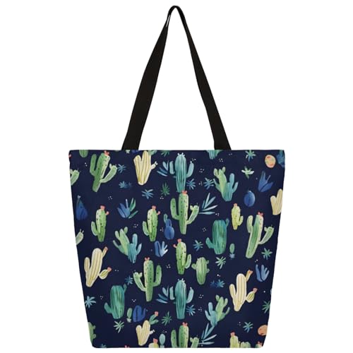 Mularoka Watercolour Cactus Large Capacity Canvas Tote Bag Stylish Handheld Shoulder Bag Reusable Shopping Bag for Work Travel Beach Trips Shopping