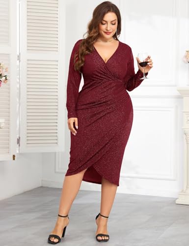 Image of ZOMVA Plus Size 0X-4X Sparkly Glitter Ruched Bodycon Midi Dress Sparkle Sequin Wrap Ruffle Sleeve Dress Cocktail Party Formal