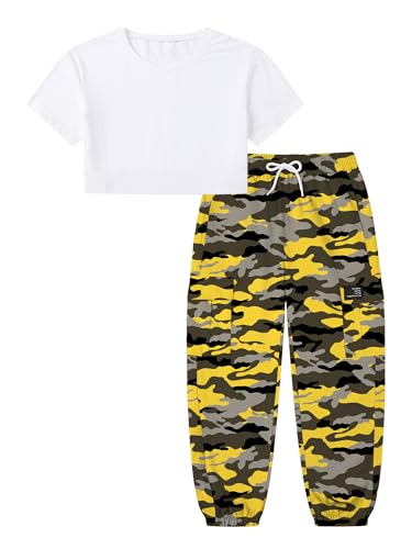 Image of Betusline Girls 2 Piece Set, White Cute Short Sleeve Crop Tops + Bright Yellow Camo Cargo Jogger Pants Clothes, 9-10Y = Tag 150