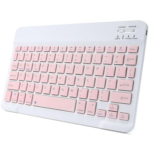 KUNSI Bluetooth Keyboard for iPad, Rechargeable Slim Portable Wireless Keyboard for iPad Tablets, Compatible for All iOS/Windows/Android System Devices-Pink
