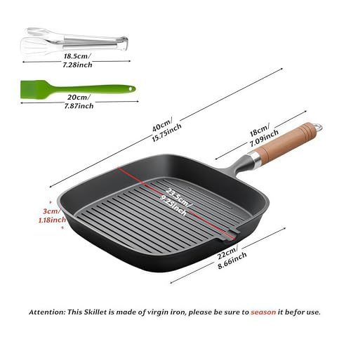 Cast Iron Grill Pan, 9 Inch Griddle Pan Skillet with Kitchen Tong & Brush - Image 4