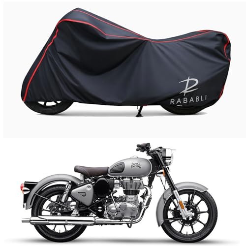 Image of Waterproof Bike Body Cover Compatible for | Royal Enfie Bullet 350 BS6 | Taffeta Fabric, Red Piping Design, Bottom Elastic Fit | Dustproof, Sun UV & Rain Protection for All Bikes