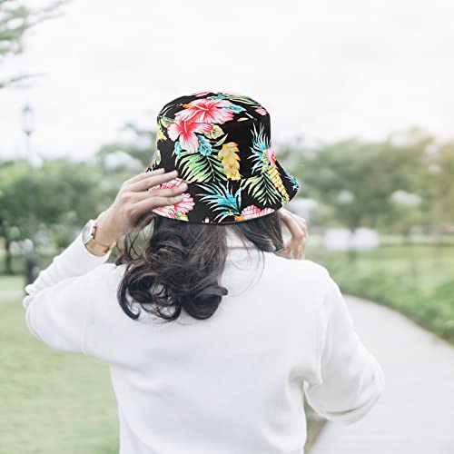 Flower Bucket Hat For Women Double-Sided Reversible Sun Hat For Teens Girls Cotton Uv Protection Fun Unisex Print Bucket Hat Summer Travel Beach Sun Hat Fishing Hiking Outdoor Cap, Flower/Black #TOP2