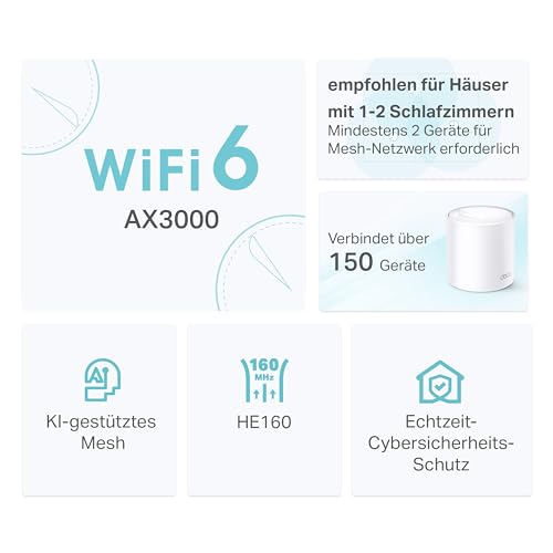 TP-Link Deco X50 Mesh WLAN Set (1 Pack), Wi-Fi 6 AX3000 Dual Band Router & Repeater, 3X Gigabit Ports, Zusatzeinheit, empfohlen für Häuser mit 1-2 Schlafzimmern, Umfassender Jugendschutz, WPA3
