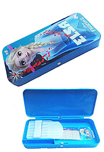 khurana plastic ciaz beautiful ice girl’s printed double level pen pencil holder plastic stationery box with push button lock and easy carry art for boys and girls- Multi color