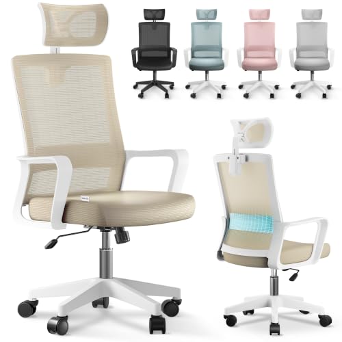 JUPPLIES Silla Escritorio Ergonomica - Silla Oficina Ajustable y Reclinable con Soporte Lumbar, Reposacabezas Ajustable, Malla Transpirable, Ruedas Giratorias 360° Soporta hasta 120kg (Beige)
