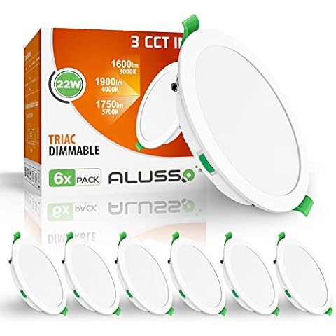 ALUSSO LED Recessed Ceiling Spot Lights, 22W Downlights Dimmable 1900LM , Warm White 3000K Neutral White 4000K Cool White 6500K Adjustable, IP44 Ultra Slim Round for Bathroom Bedroom, 6 Pack Cover