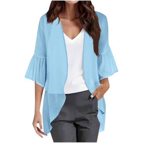 Women Ruffle 3/4 Sleeve Cardigan Open Front Lightweight Cardigans Draped Sheer Chiffon Cardigan Jackets