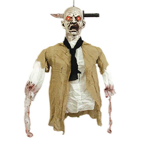 Halloween Haunters Animated Hanging Zombie Reaper That Shakes & Speaks Prop Decoration - Knife Through Skull, Evil Red LED Eyes - Battery Operated - Haunted House, Graveyard, Entryway Party Display