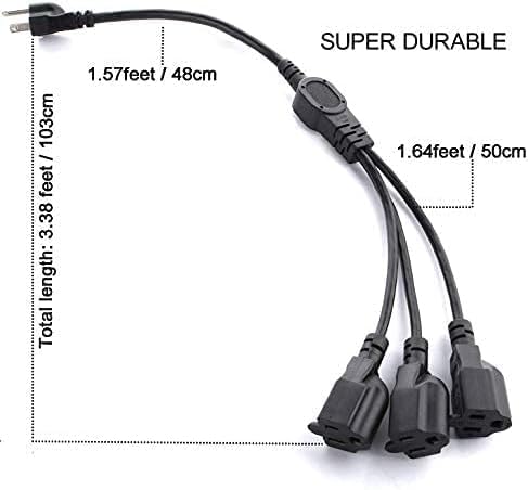 Miniatura 7 de Cable divisor de alimentación de 1 a 3 tomas de corriente de 3.3 pies/3.3 ft (NEMA 5-15P a NEMA 5-15R) 16 AWG para tira de cables resistente,