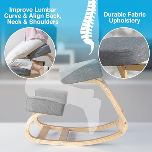Image of Desky Ergonomic Black Kneeling Chair - Adjustable Wooden Frame with Cushioned Seat and Knee Pads, Natural Finish, Home Office & Study Support