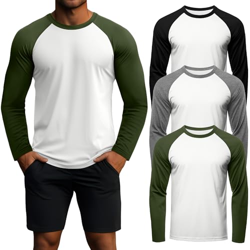 Huukeay 3 Pack Men's Long Sleeve Baseball Shirts, Crew Neck Raglan Cotton Blend Casual Vintage Jersey Sport Tee Tops