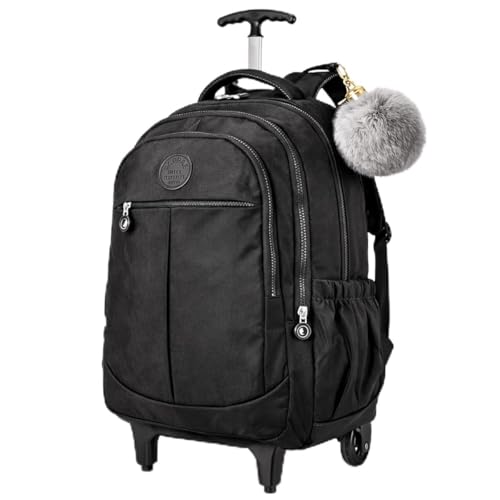 Mochila de Rodinha Feminina Escolar Reforçada Grande + Pompom (Preto)