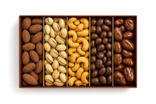 Chocolate & Salted Nuts Gift Box – Luxury Selection of Roasted Cashews, Pecans, Pistachios, Belgian Chocolate Raisins & Cocoa Dusted Almonds | Premium Sharing Gift