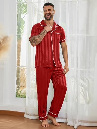 DEARCASE Mens Satin Silky Pajama Set Short Sleeve Soft Sleepwear Button Down Loungewear Long Pants with Pockets4