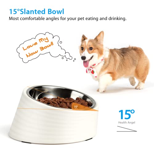 Uppetly Dog Cat Food Bowl 15° Slanted Stainless Steel, Tilted Angle No Spill Non-Skid Cat Food Bowl, Stress Free Food Grade Material Feeder For Pets Puppy Small Medium Dogs White #TOP1