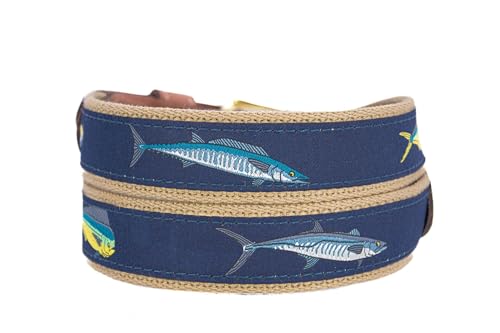 ZEP-PRO Offshore Slam Men's Woven Ribbon Belt – Repeating Game Fish Design With Tan Full Grain Leather Tabs – 1.25" Wide Outdoor Lifestyle Accessory, Size 462