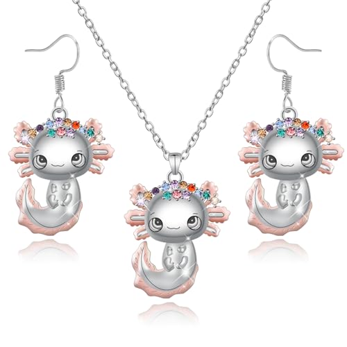 Axolotl Necklace and Earrings Set, Cute Alloy Axolotl Crystal Necklace Trendy Salamander Pendant Earring Jewelry Set for Women Men Birthday Graduation