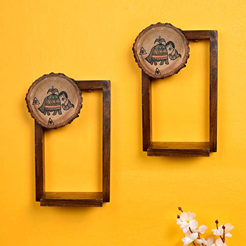 Aakriti Art Creations Wall Décor Brown Wooden Shelf, Set of 2