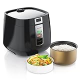 Arendo - Reiskocher 1,4l inkl Dampfgarer-Einsatz (Warmhaltefunktion, antihaftbeschichteter Gartopf, Reislöffel & Messbecher), GS Prüfsiegel, schwarz