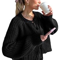 Qifeodm Cardigan for Women Open Front Chunky Knit Sweater Long Sleeve Button Down Casual Outwear Coat Crewneck Knitwear Black S