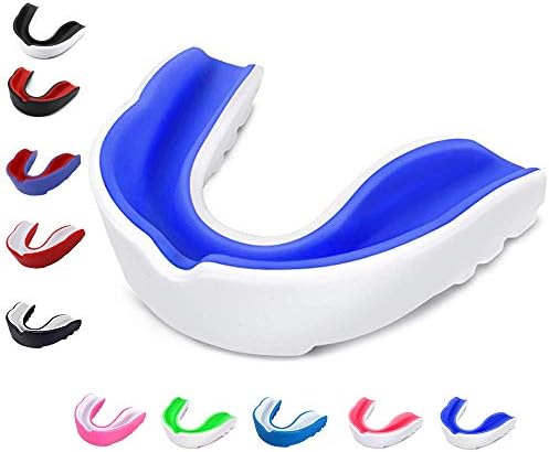 Sports Mouth Guard for Kids Youth/Adults-Mouthguard for Lacrosse, Basketball, Karate, Flag Football, Martial Arts, Rugby, Boxing, MMA, Hockey -Free Carrying Case for Mouthguard(White Blue Kids)