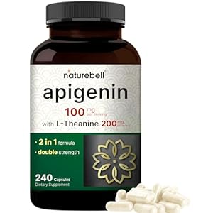NatureBell Apigenin 100mg with L-Theanine, 240 Capsules (50mg Apigenin Per Capsule) – Extra Strength Sleep & Relaxation Supplement – Bioflavonoid, Antioxidant, & Amino Acid Complex – Non-GMO