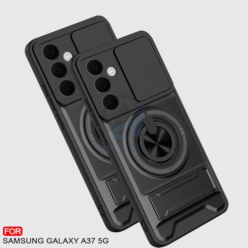 Image of AESTMO Samsung Galaxy A37 5G Back Cover | Armor Camera Slider 360 Degree Rotating Finger Ring Holder Case with Bracket Stand & Camera Protection Back Case Cover for Samsung Galaxy A37 5G (Black)