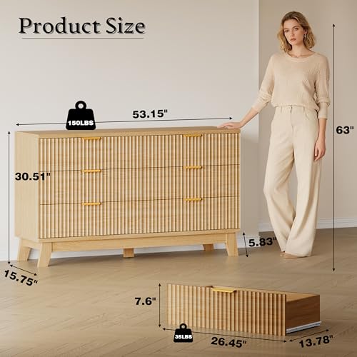 Image of BORNOON 53 inch Long Dresser for Bedroom, 6-Drawer Dresser with Fluted Fronts, Wide Wood Chest of Drawers, Smooth Metal Slides, Stable Base, Modern Clothes Storage Cabinet for Living Room, Hallway