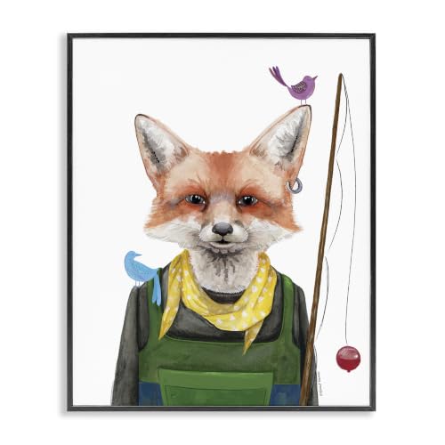Fox Birds Fishing Pole Cabin Lodge, 16 x 20 Inch Framed Giclée Print