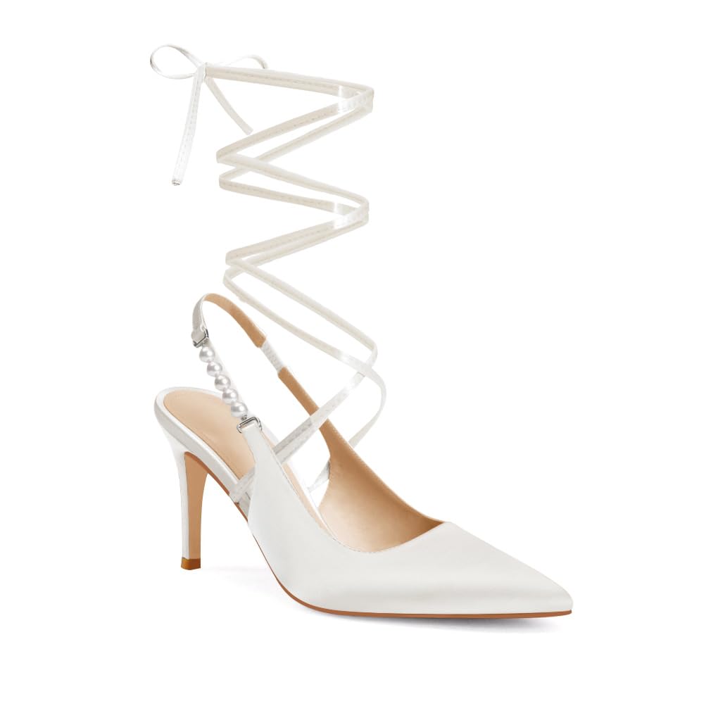 Coutgo Womens Pearl Strappy Heels Sandals Sexy Satin Lace Up Heels Summer Dress Pumps Shoes