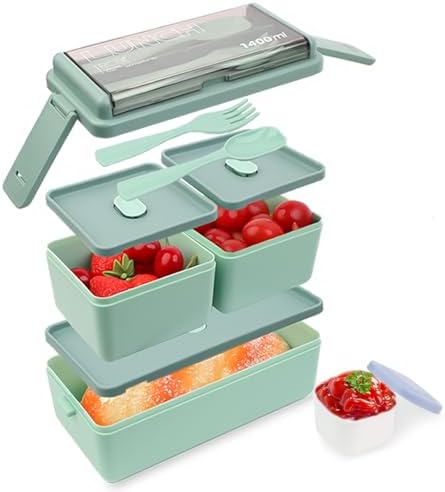 1400ml Lunch Box with 3 Compartments - 2 Layer Leak Proof Bento Box