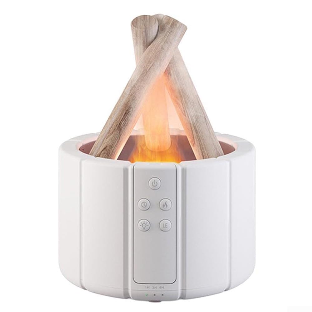 Zilimontt Humidificador de hoguera, difusor realista de fogata con lámpara LED, difusor de aceite esencial de control remoto inalámbrico, humidificador portátil, humidificación silenciosa (blanco)