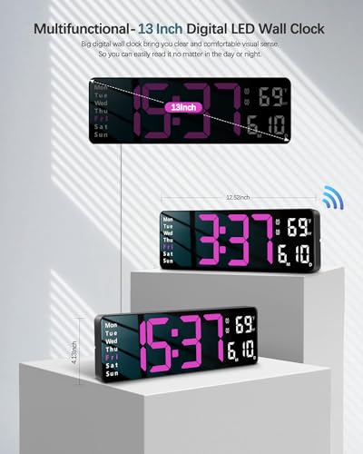 Image of JoFomp Digital Wall Clock - 13 inch Large LED Display, Loud Alarm, Remote Control, DST, Auto-Dimming, Date and Day, Timer, Temperature - 12 /24H Format - Ideal for Living Room, Bedroom (Pink)