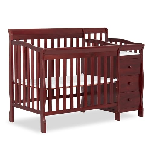 Image of Dream On Me Jayden 4‑in‑1 Mini Convertible Baby Crib & Changer with Storage in Cherry, Pinewood, GreenGuard Gold & JPMA, 1” Mattress Pad, 3 Mattress Heights, Converts to Mini Day & Twin-Size Bed