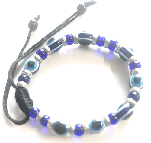 Image of Evil Eye Beaded Bracelet, Blue Glass and Silver Beads, Adjustable Black Cord