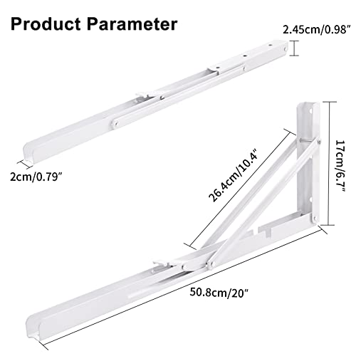 Image of YUMORE Folding Shelf Brackets, 20 Inch Heavy Duty L Bracket, White | High-Quality Metal, Easy to Install, DIY Collapsible Shelf Bracket for Workbench Folding Table Hinge, Max Load: 330lb, 2 Pack