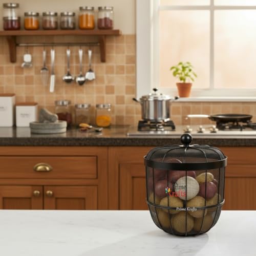 Image of Decorative Insect-Resistant Fruit and Vegetables Basket with Lid | Countertop Mesh (Jaali) Design Fruit Storage Basket for Kitchen, Dining Table, Living Room - Black