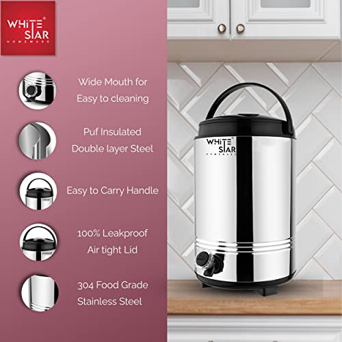 Image of WHITESTAR Stainless Steel Insulated Water Bottle /Jug for Traveling, Office, Kitchen I 10 Liters of Water Storage Container with Airtight Lid and Leak Proof Tap I Unbreakable & Durable