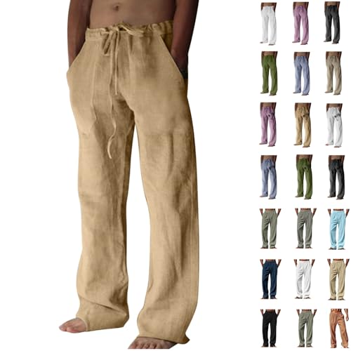 Pantalon Homme Coton et Lin Décontracté Été Pantalons de Plage Taille Elastique Léger Respirant Pants Casual de Travail avec avec Cordon de Serrage Poches...