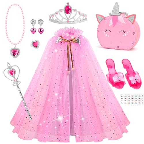 Heaning Princess Dress Up Girls Gifts - Princess Costumes Accessories with Cape Jewelry Shoes Crowns Role Play Toddler Christmas Birthday Gift Toys for 3 4 5 6 Year old Girl Pink