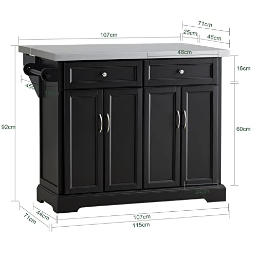 Miniatura 4 de Sobuy Carro De Cocina Con Ruedas - Isla De Cocina Rodante Con Encimera Extensible, 2 Cajones Y Estantes Ajustables - Mueble Auxiliar De Almacenamiento Para Cocina, Negro, 115x92x 46-71 Cm Fkw71-Sch Es