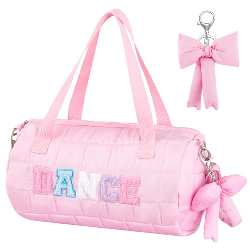 Bulyoou 12.8 Inches Quilted Puffer Ballet Dance Bag Cute Tote Bag with Hanging Bow Pendant for Travel Dancing Dress(Cute)