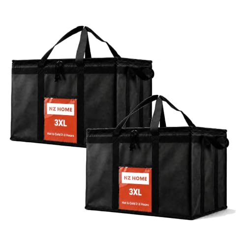 NZ Home Sac Isotherme (38L, XL Plus, lot de 2) pour la livraison de nourriture et l'épicerie avec dessus zippé, noir