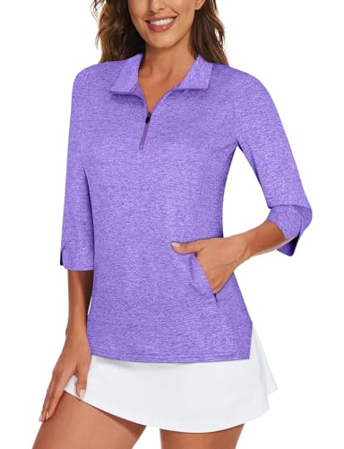 Viracy Women's Golf Shirts 3/4 Sleeve Sun Protection Quarter Zip with Zipper Pockets Athletic Polo Workout Tops S-2XL