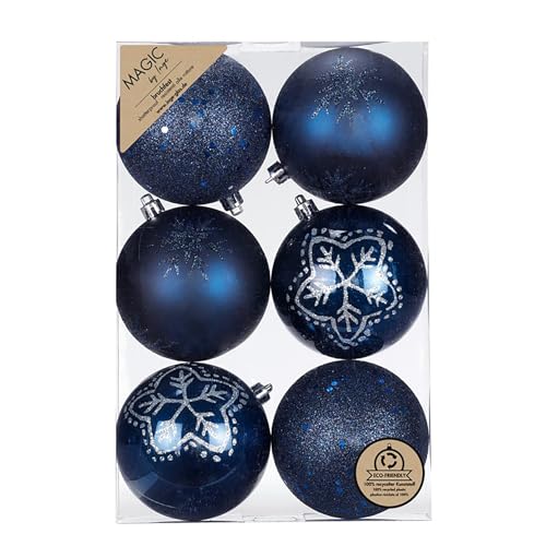 Inge-glas Weihnachtskugeln Kunststoff 8cm 6er Set - bruchsicher & mit Glitzer Muster - Große Christbaumkugeln für Weihnachtsbaum - Weihnachtsbaumkugeln & Christbaumschmuck Dunkelblau - Night Blue