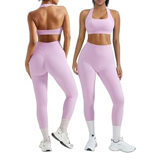 OMKAGI 2 Piece Workout Sets for Women Halter Sports Bras Gym Sets Booty Leggings Outfits
