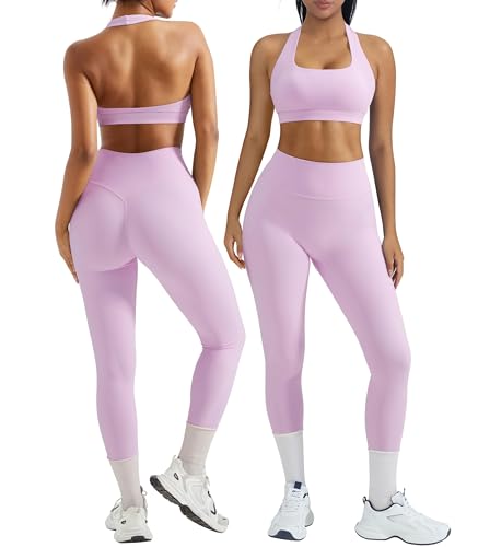 OMKAGI 2 Piece Workout Sets for Women Halter Sports Bras Gym Sets Booty Leggings Outfits (M,447-Pink)