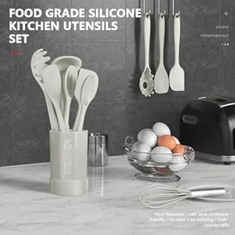 AOTHOD Silicone Cooking Utensils Set - 446°F Heat Resistant Silicone Kitchen Utensils,Spatula,Spoon, Kitchen Utensil Sets Gadgets Tools Set for Nonstick Cookware,Dishwasher Safe Bpa Free (Cream White)